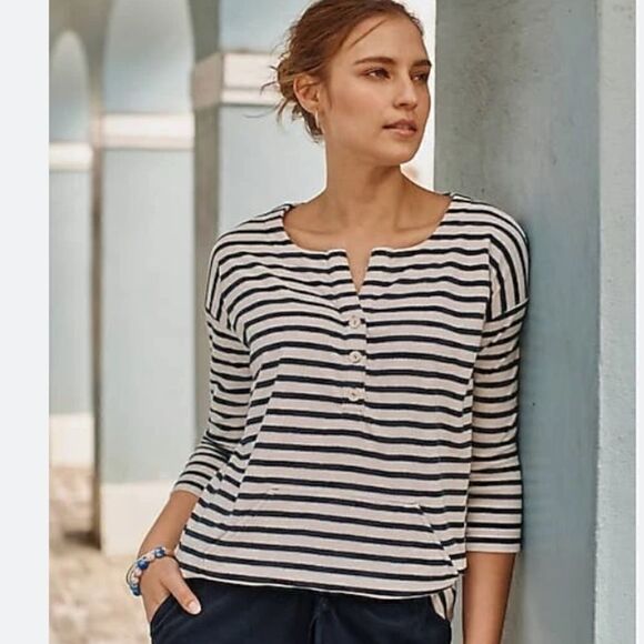 New J JILL Terry cloth shirt top size medium striped front pocket buttons - Picture 1 of 9